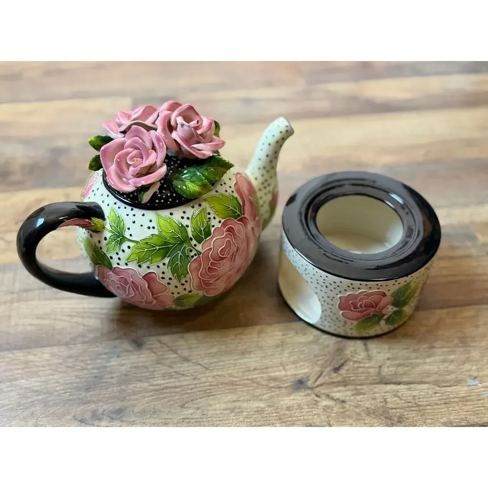 J McCall Blue Sky 2004 Floral Rose Polka Dot Teapot Tea Warmer Set Vintage